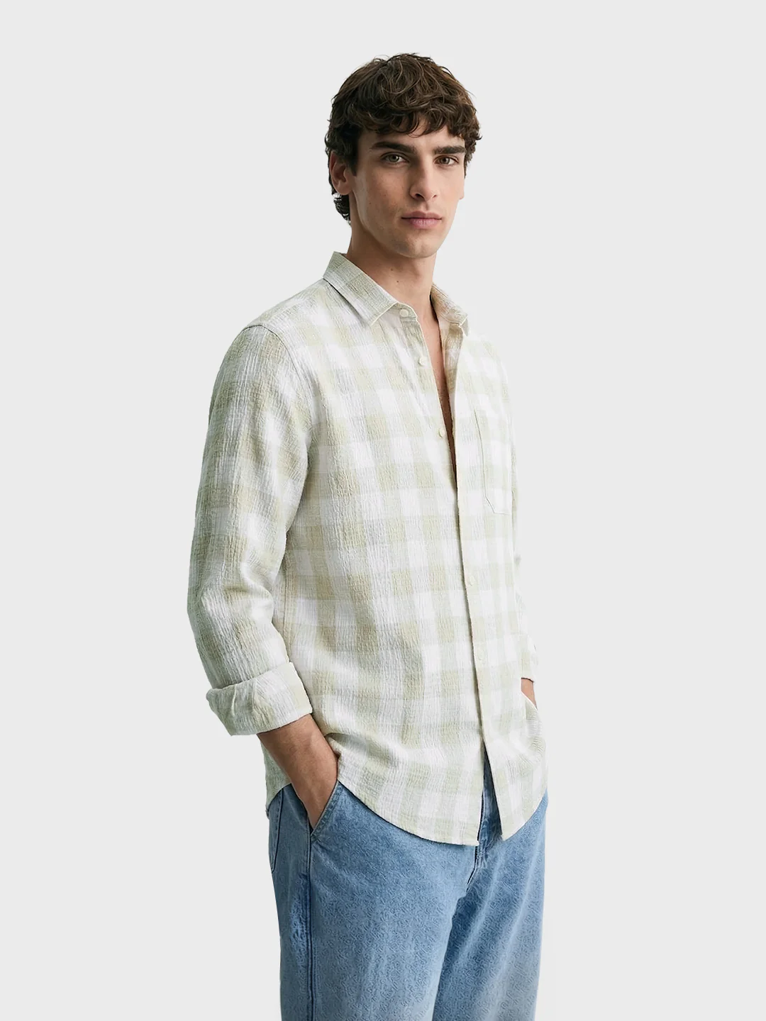 Men's Cream Relaxed Fit Checkered Oddinary Shirt - Image 3