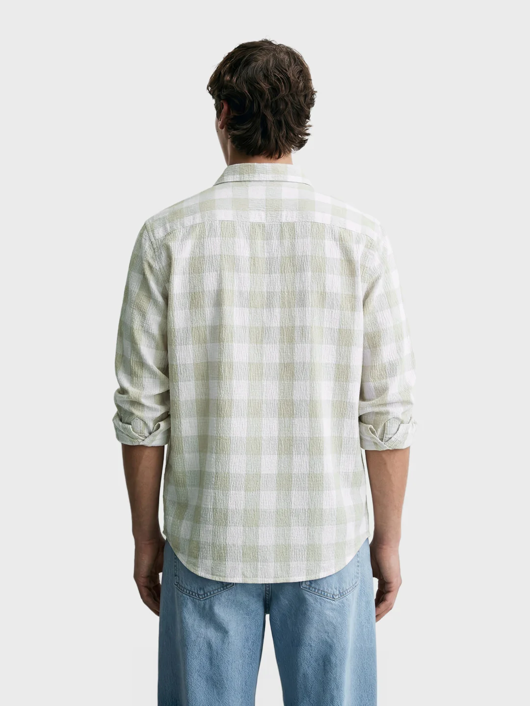 Men's Cream Relaxed Fit Checkered Oddinary Shirt - Image 4