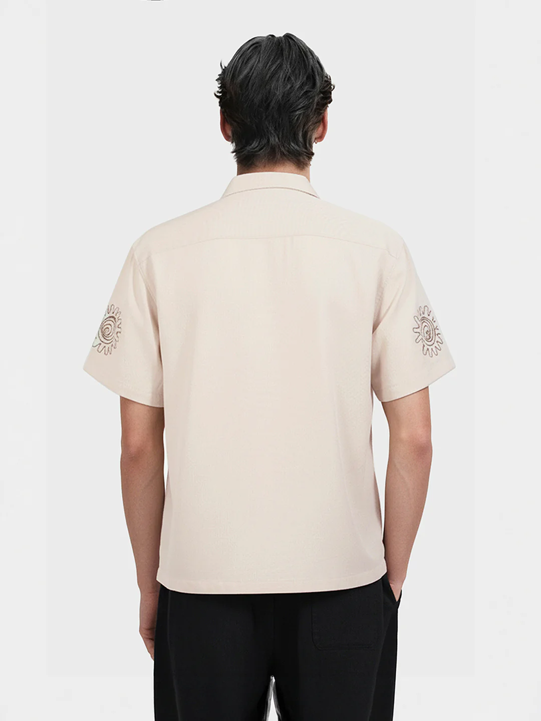 Men's Cream Relaxed Fit Embroided Resort Wear Shirt - Image 2