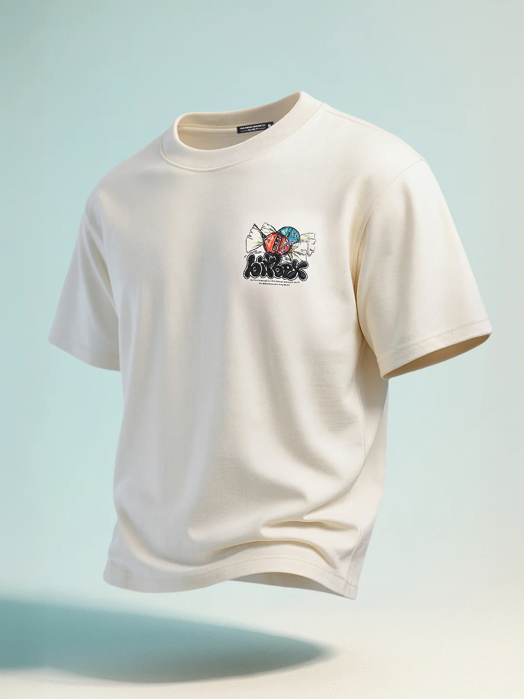 Men's Cream Relaxed Fit Embroided 240 GSM Casual T-Shirt - Image 2
