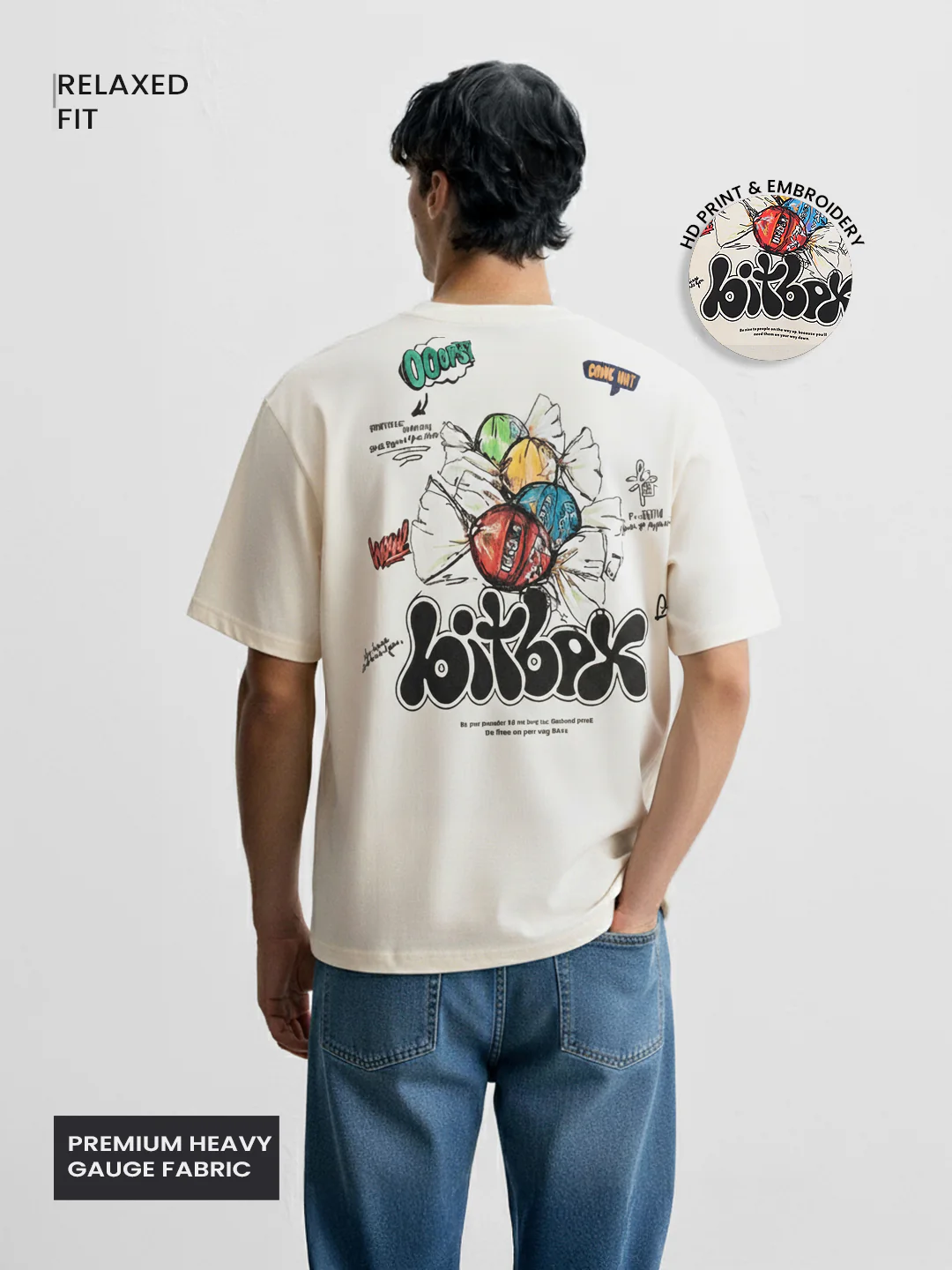 Men's Cream Relaxed Fit Embroided 240 GSM Casual T-Shirt - Image 3