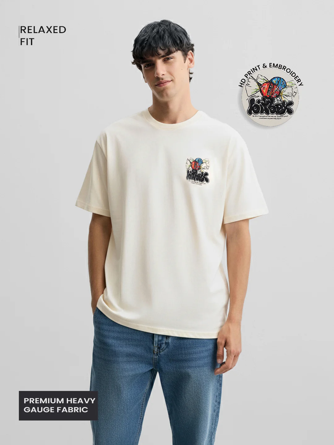 Men's Cream Relaxed Fit Embroided 240 GSM Casual T-Shirt - Image 4