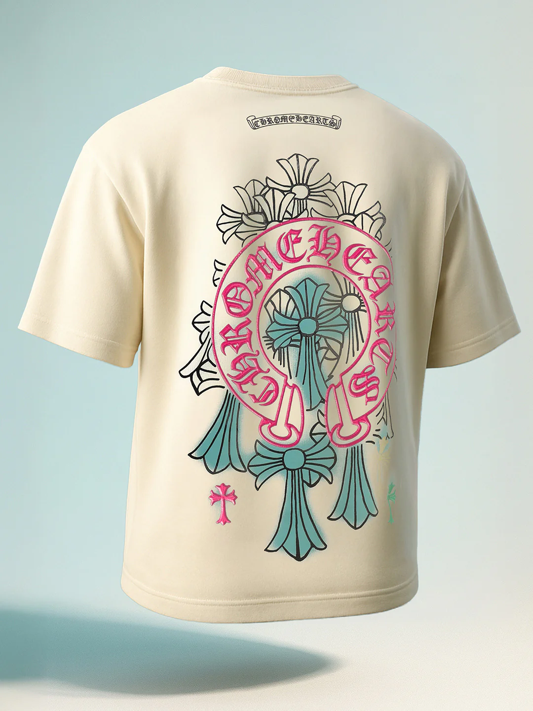 Men's Cream Relaxed Fit Embroided 240 GSM Casual T-Shirt - Image 2