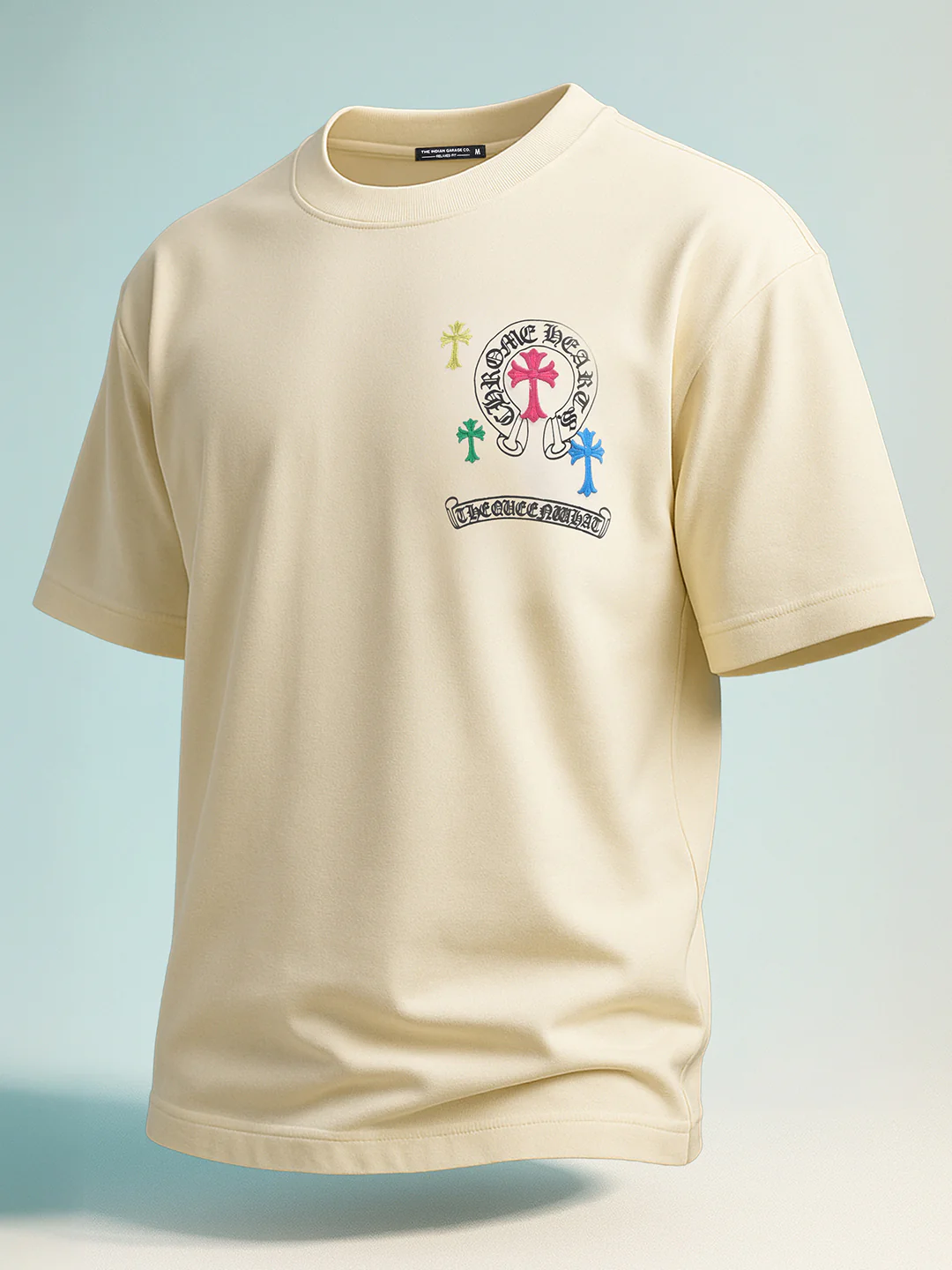 Men's Cream Relaxed Fit Embroided 240 GSM Casual T-Shirt - Image 3