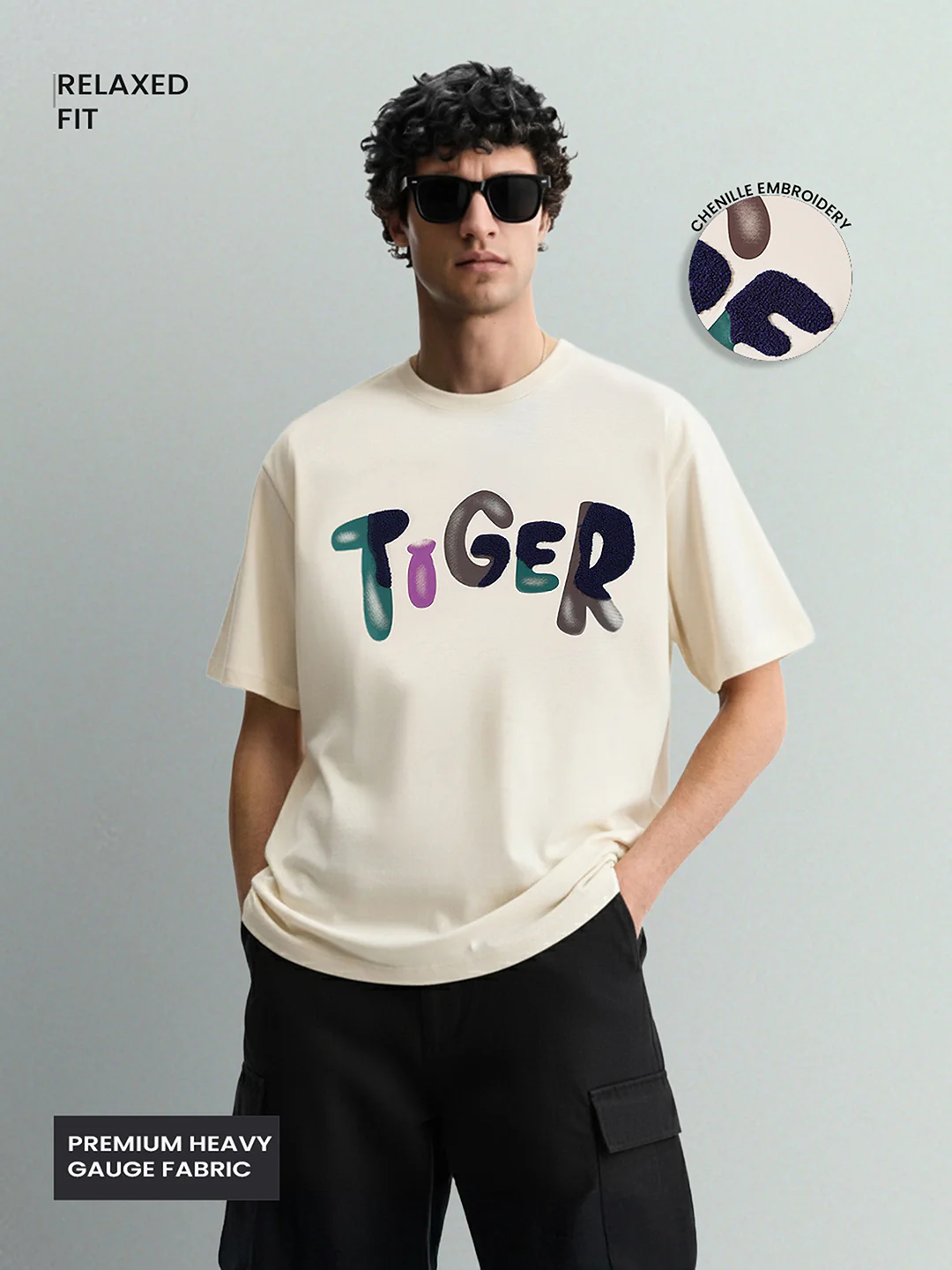 Men's Cream Relaxed Fit Embroided 240 GSM Casual T-Shirt - Image 3