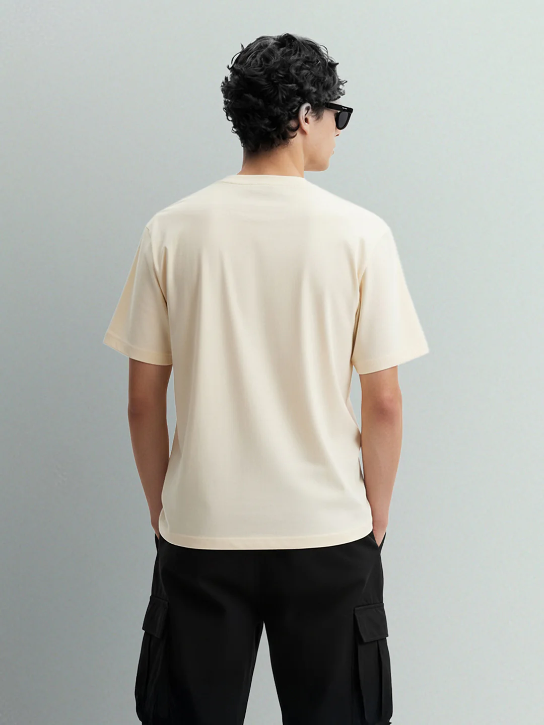 Men's Cream Relaxed Fit Embroided 240 GSM Casual T-Shirt - Image 4