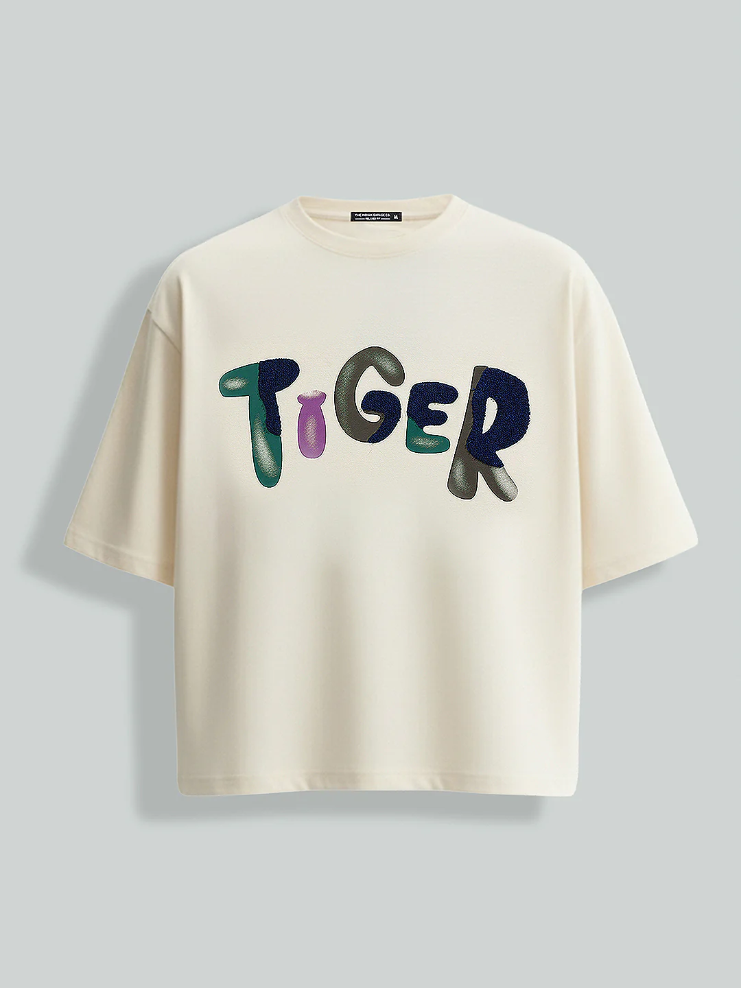 Men's Cream Relaxed Fit Embroided 240 GSM Casual T-Shirt - Image 5