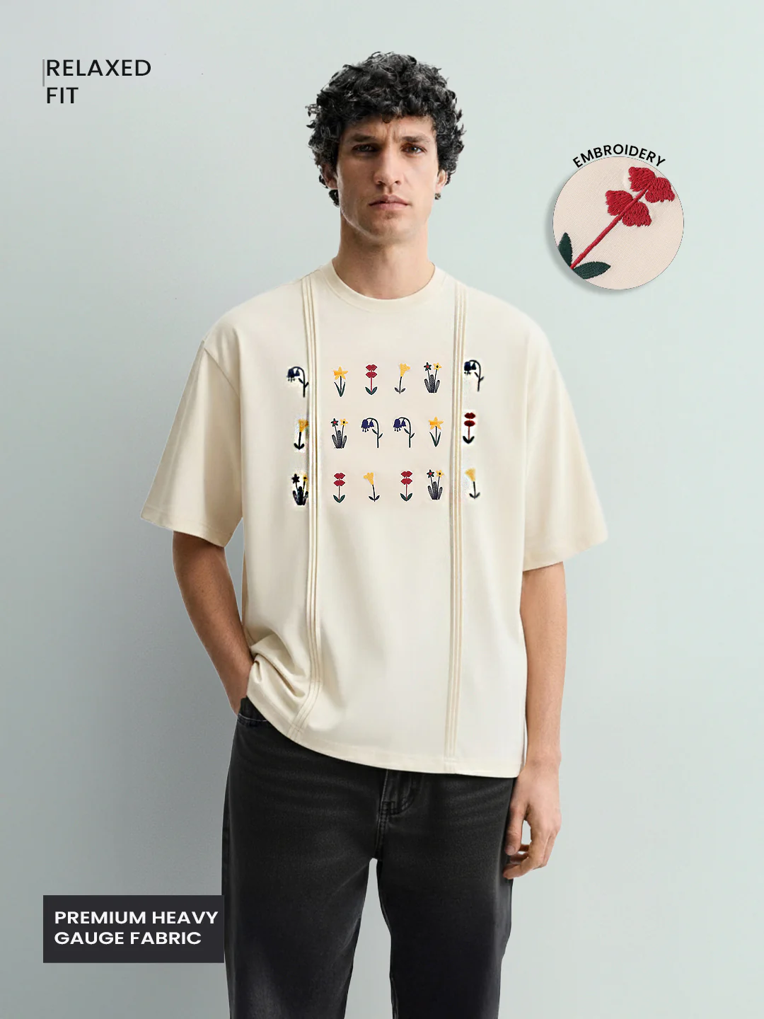 Men's Cream Relaxed Fit Embroided 240 GSM Resort Wear T-Shirt - Image 3