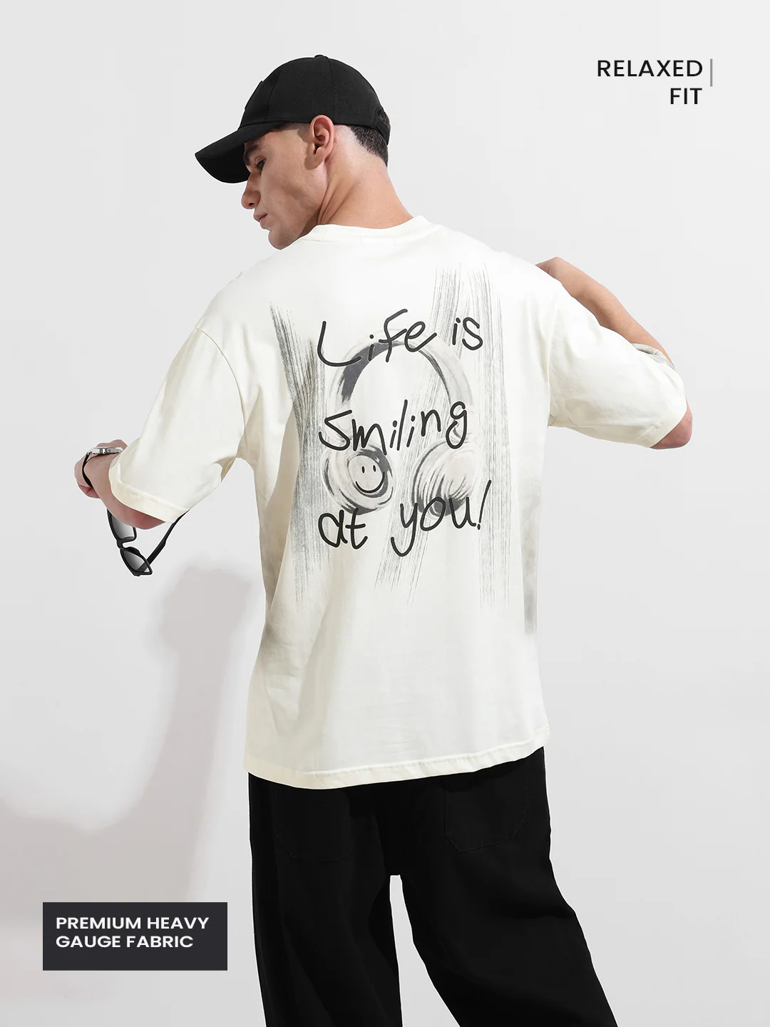Men's Cream Relaxed Fit Graphic Printed 240 GSM Street Wear T-Shirt - Image 3