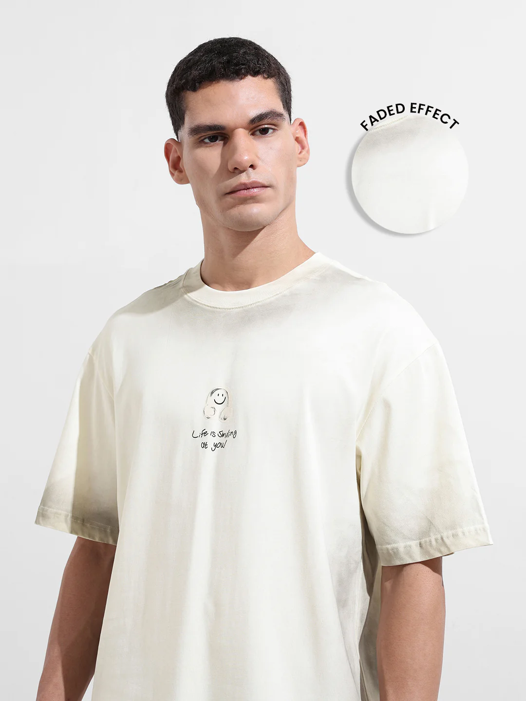 Men's Cream Relaxed Fit Graphic Printed 240 GSM Street Wear T-Shirt - Image 6