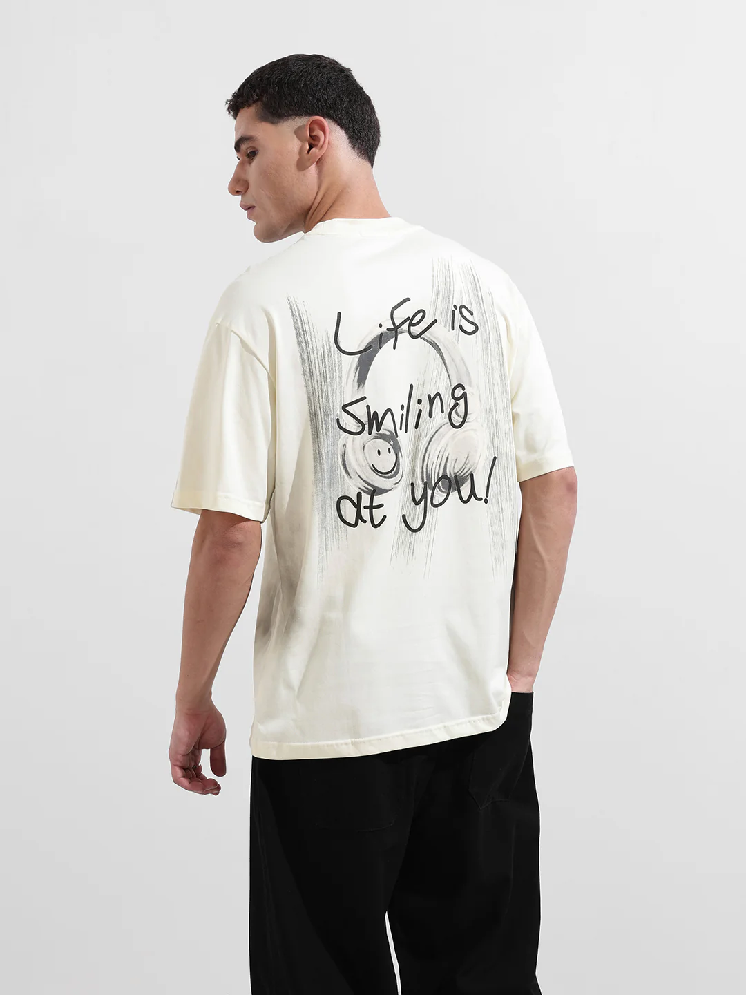 Men's Cream Relaxed Fit Graphic Printed 240 GSM Street Wear T-Shirt - Image 7