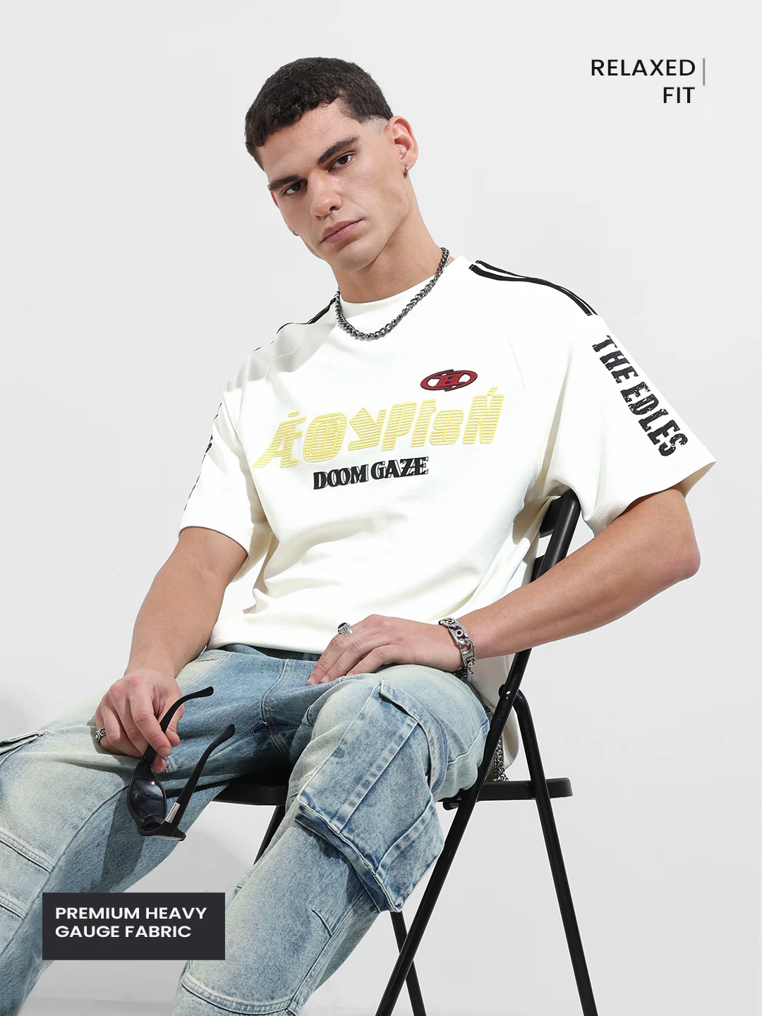 Men's Cream Relaxed Fit Graphic Printed 240 GSM Street Wear T-Shirt - Image 3