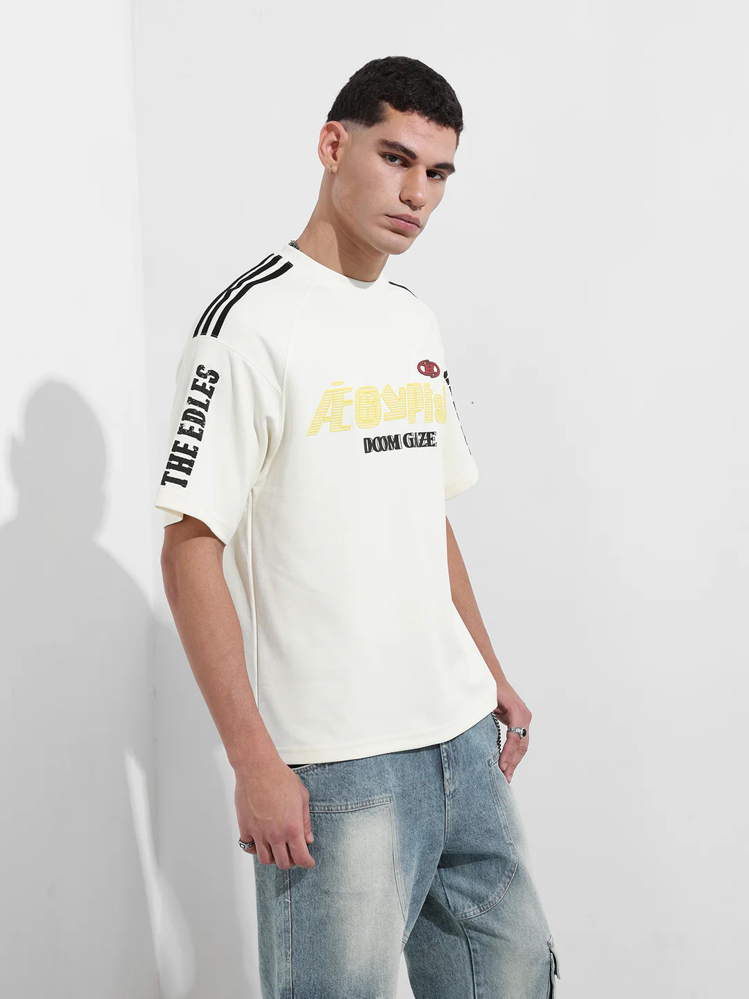 Men's Cream Relaxed Fit Graphic Printed 240 GSM Street Wear T-Shirt - Image 5