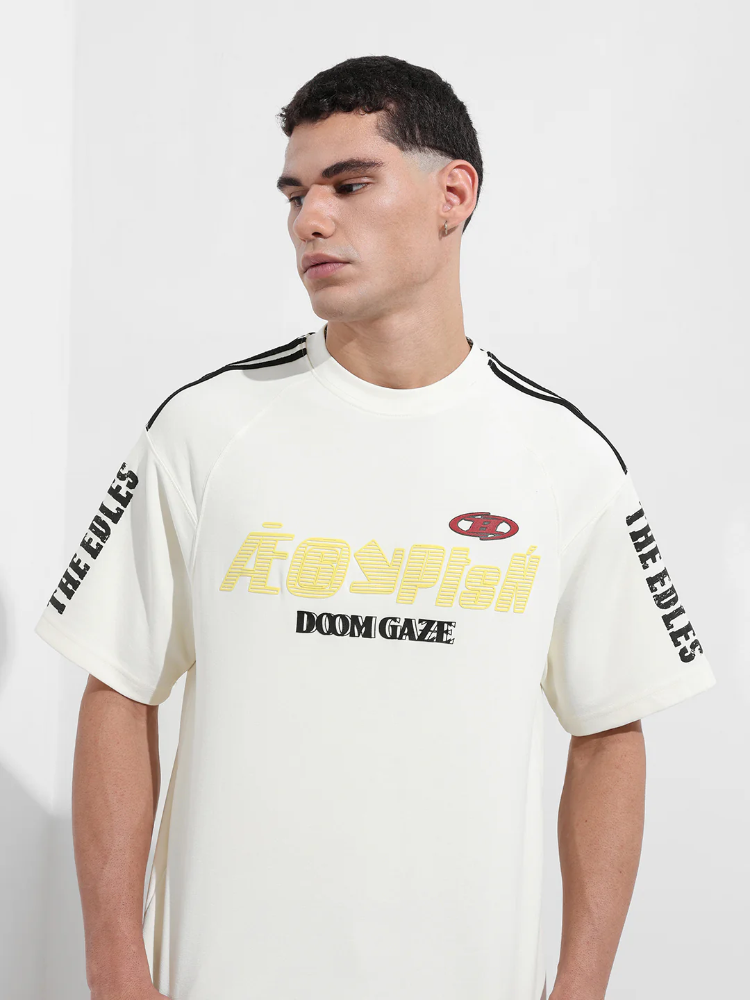 Men's Cream Relaxed Fit Graphic Printed 240 GSM Street Wear T-Shirt - Image 6