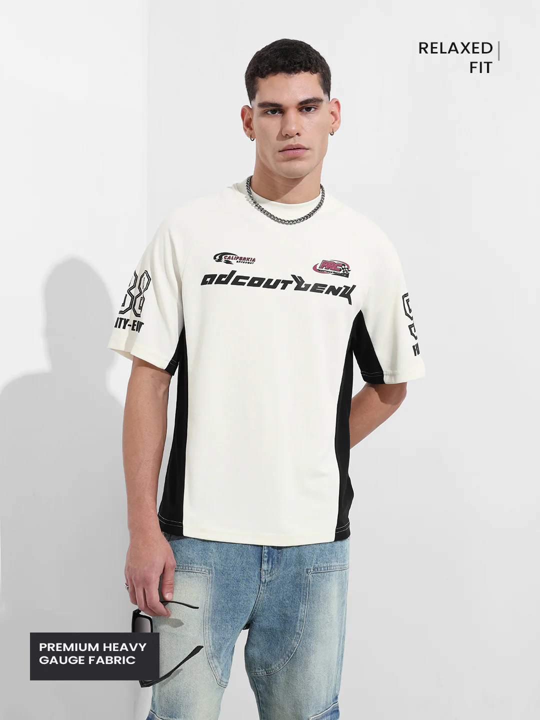Men's Cream Relaxed Fit Graphic Printed 240 GSM Street Wear T-Shirt - Image 4
