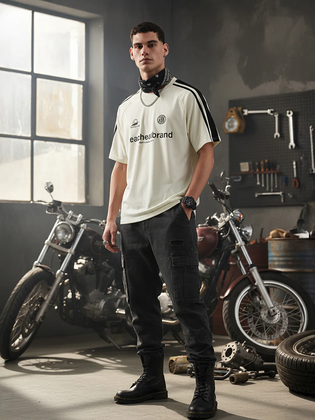 Men's Cream Relaxed Fit Graphic Printed 240 GSM Street Wear T-Shirt - Image 3