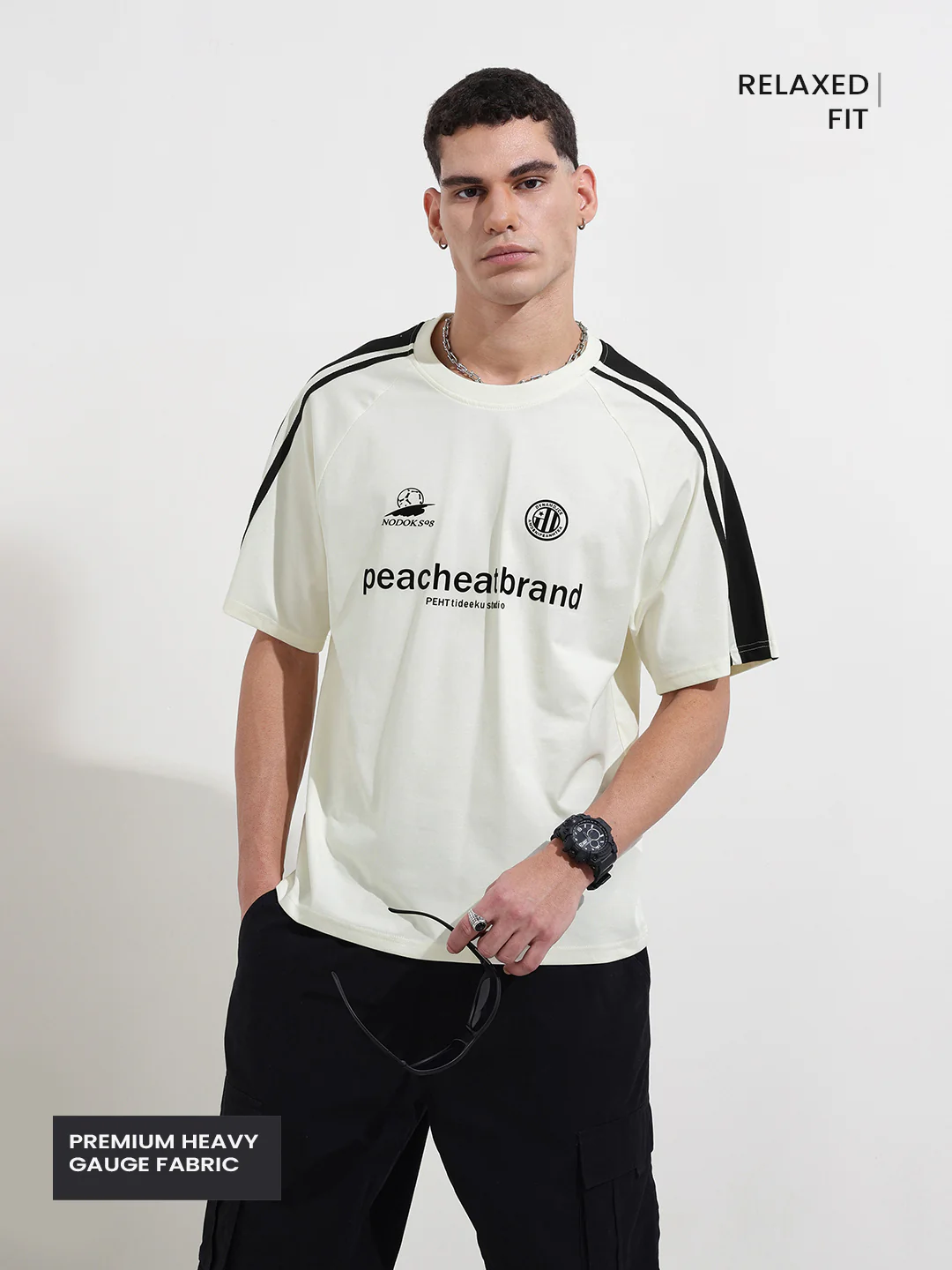 Men's Cream Relaxed Fit Graphic Printed 240 GSM Street Wear T-Shirt - Image 4