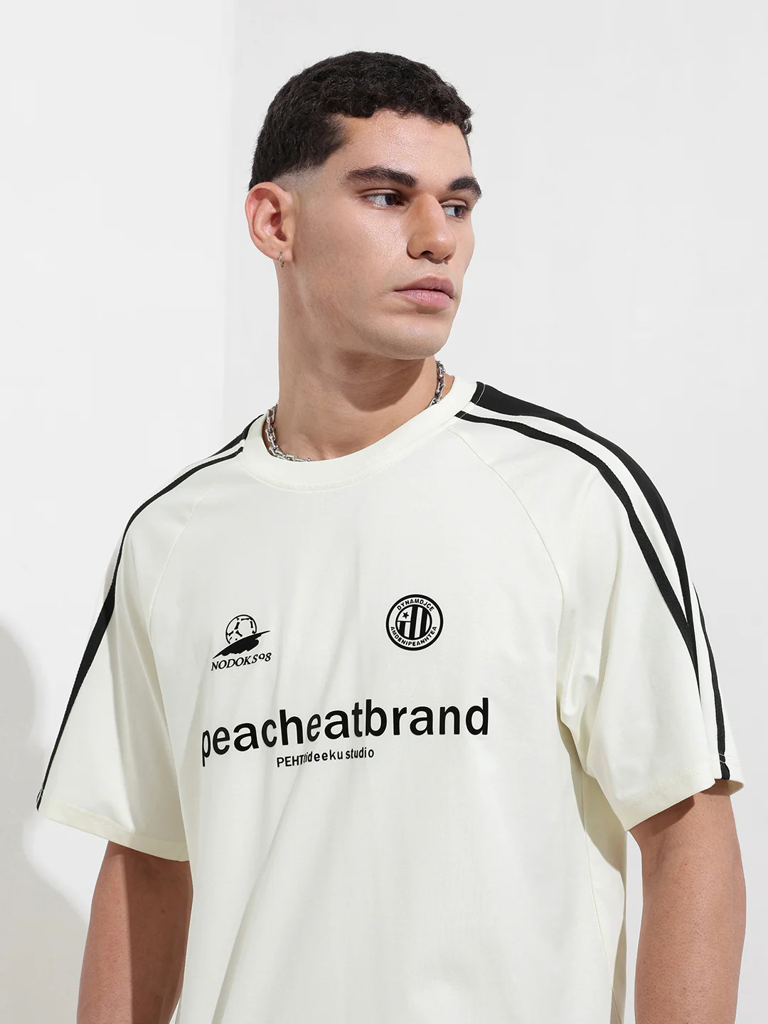 Men's Cream Relaxed Fit Graphic Printed 240 GSM Street Wear T-Shirt - Image 7