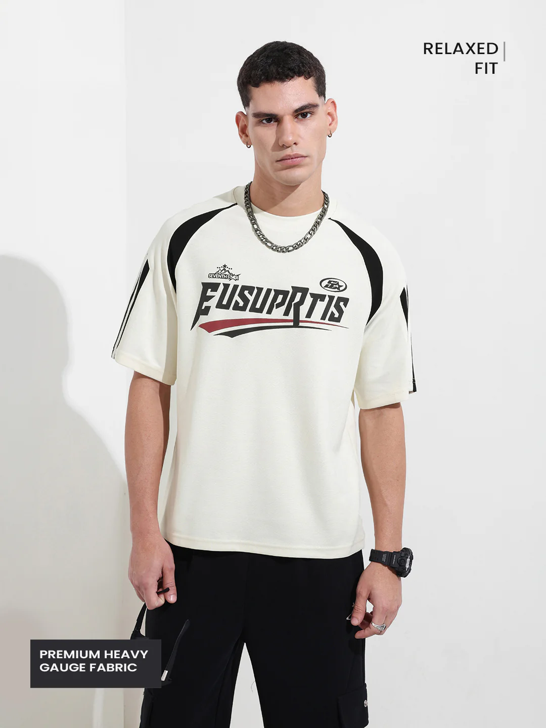 Men's Cream Relaxed Fit Graphic Printed 240 GSM Street Wear T-Shirt - Image 4