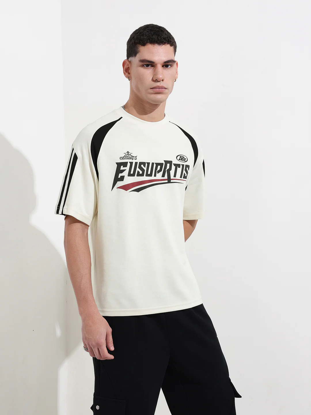 Men's Cream Relaxed Fit Graphic Printed 240 GSM Street Wear T-Shirt - Image 6