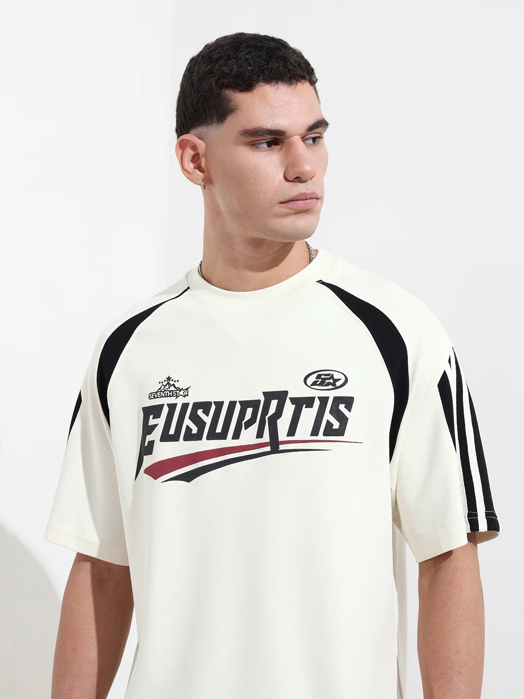 Men's Cream Relaxed Fit Graphic Printed 240 GSM Street Wear T-Shirt - Image 7