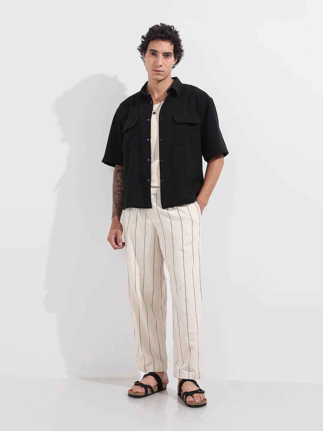 Men's Cream Relaxed Fit Resort Wear Vertical Stripes Trousers - Image 2