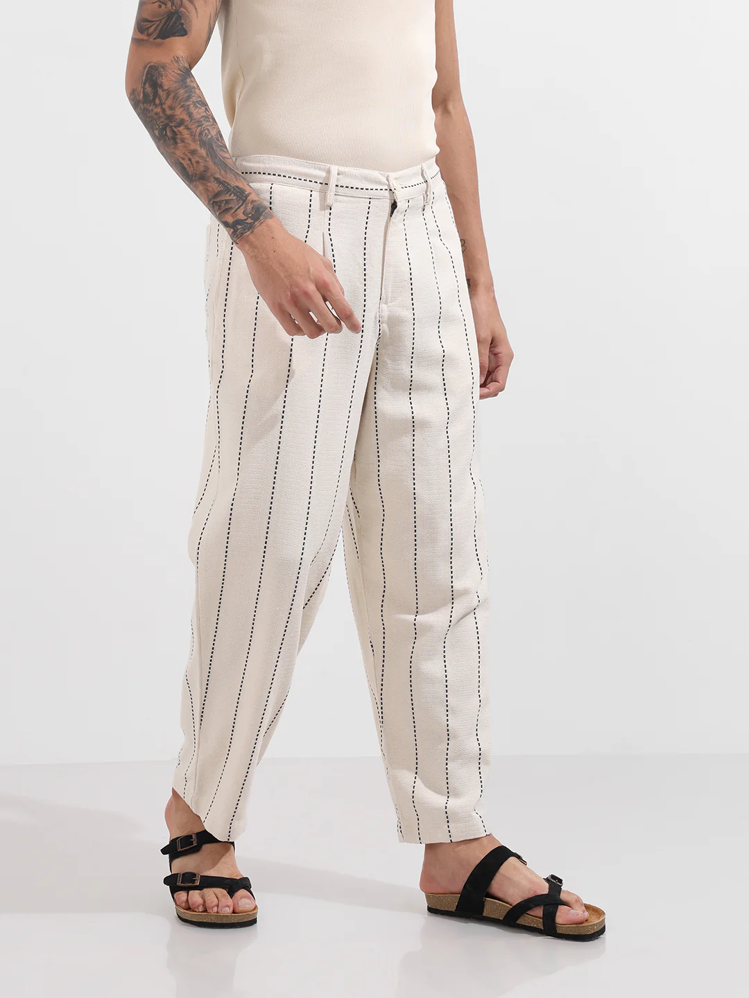 Men's Cream Relaxed Fit Resort Wear Vertical Stripes Trousers - Image 3