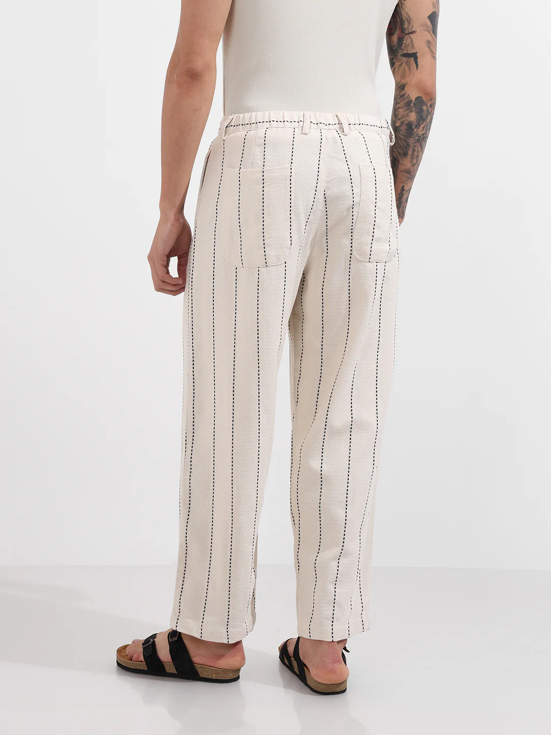 Men's Cream Relaxed Fit Resort Wear Vertical Stripes Trousers - Image 5