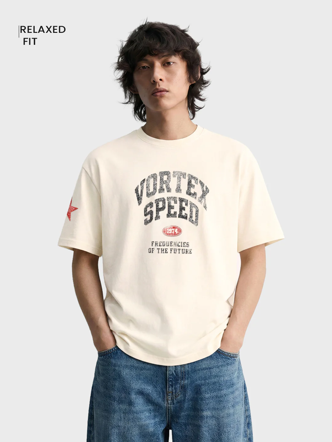 Men's Cream Relaxed Fit Solid Casual T-Shirt - Image 2