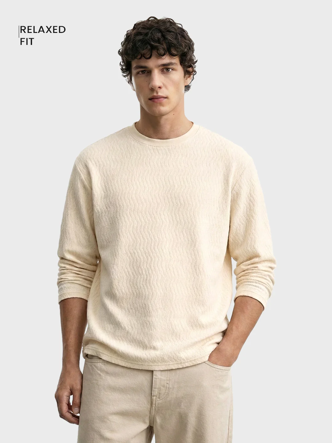 Men's Cream Relaxed Fit Textured Casual T-Shirts - Image 2