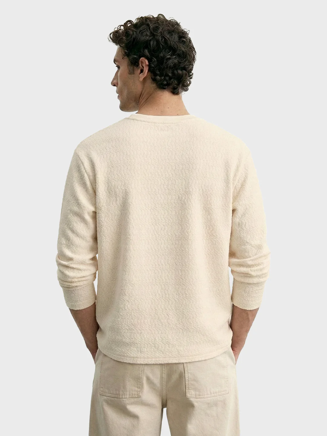 Men's Cream Relaxed Fit Textured Casual T-Shirts - Image 3