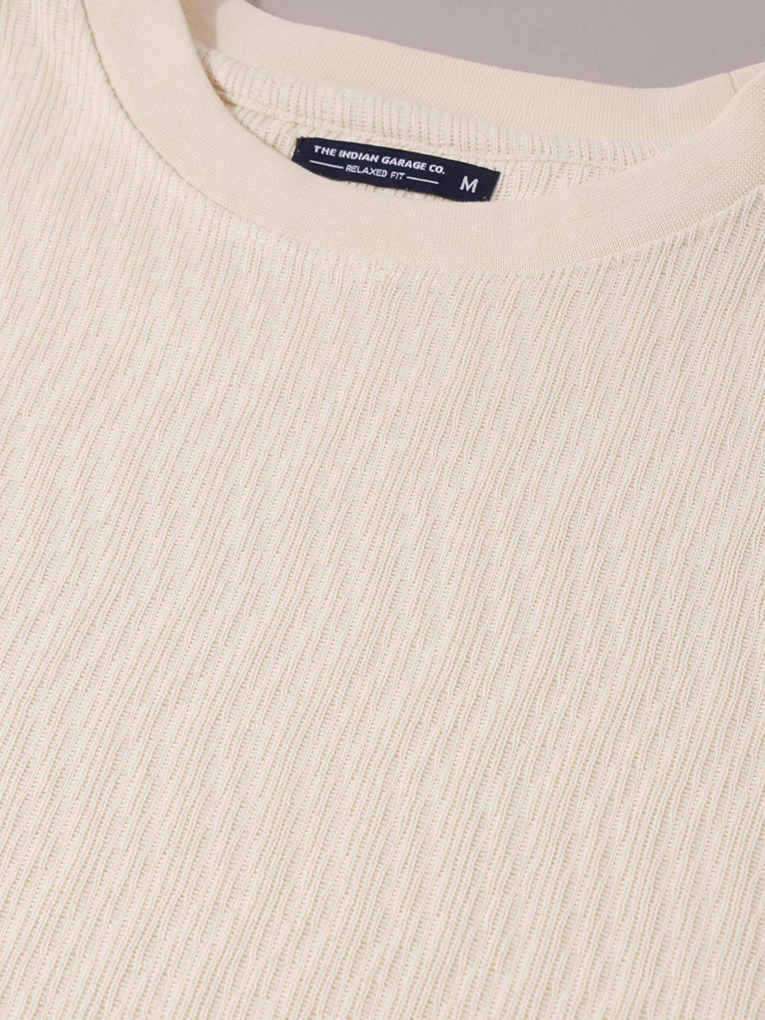 Men's Cream Relaxed Fit Textured Casual T-Shirts - Image 6