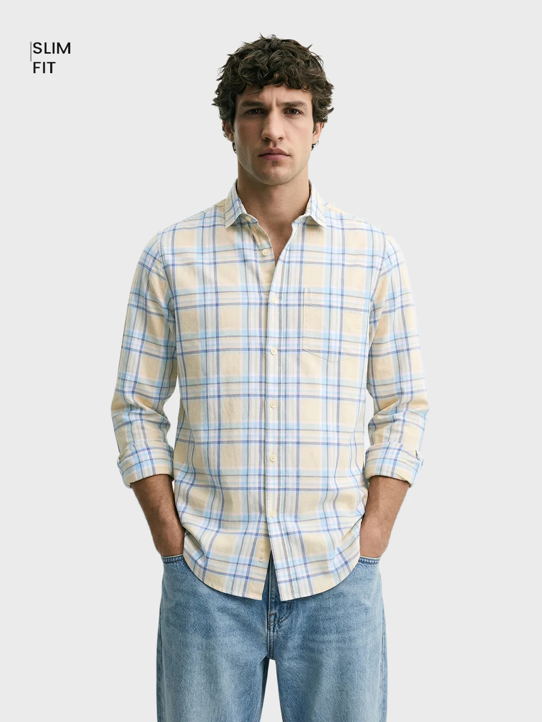 Men's Cream Slim Fit Checked Casual Shirt - Image 2