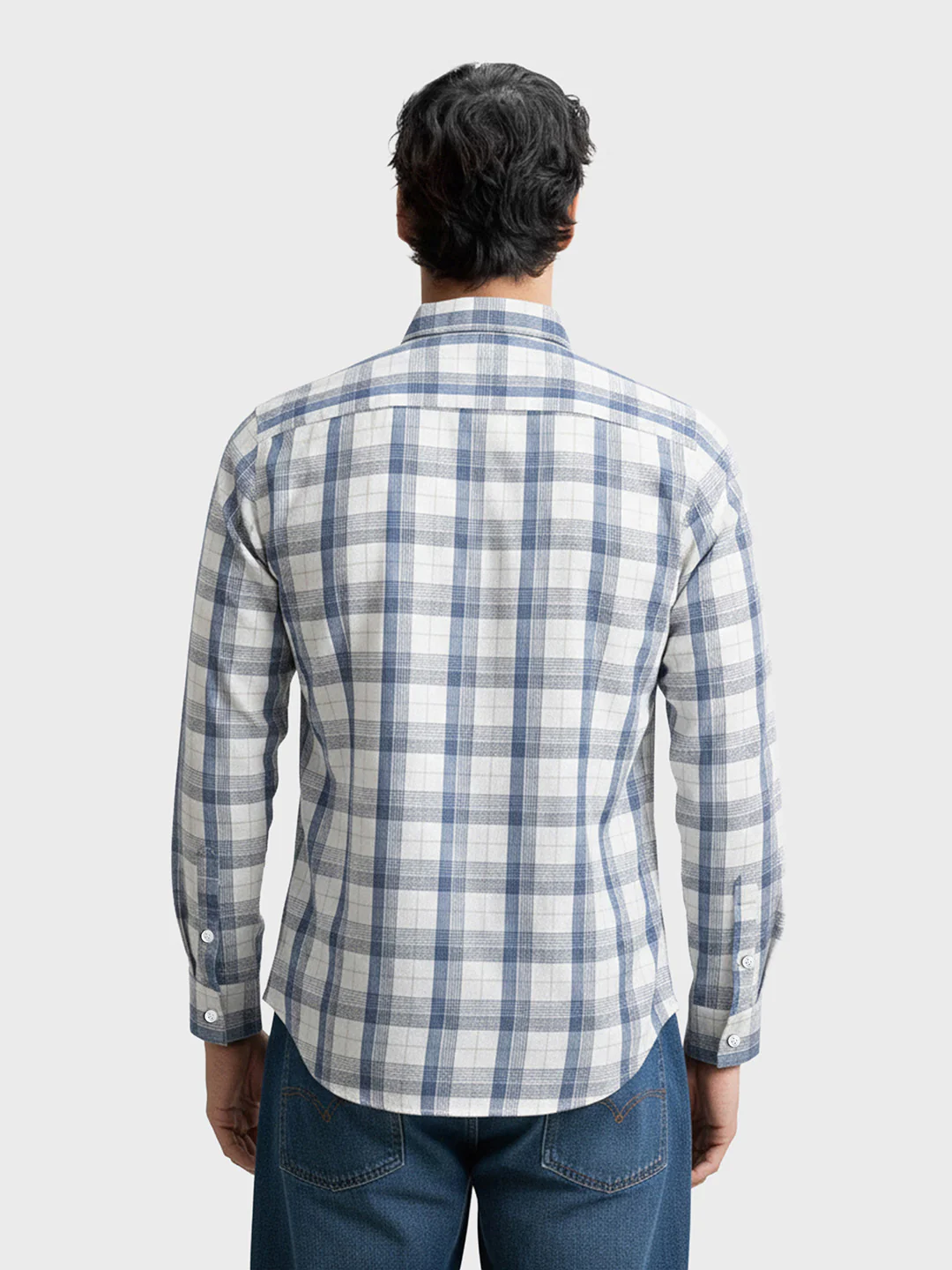 Men's Cream Slim Fit Checked Casual Shirt - Image 2