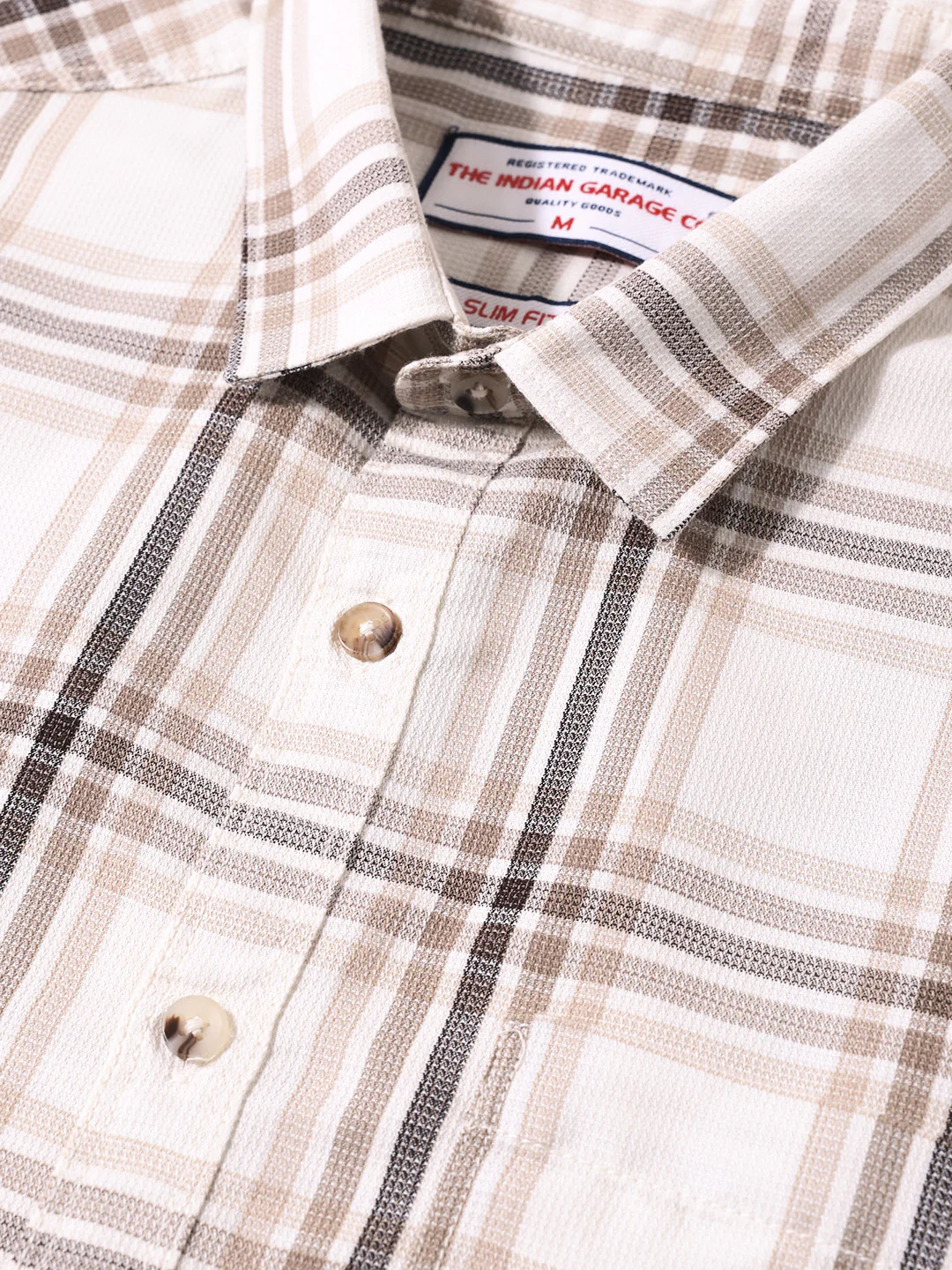 Men's Cream Slim Fit Checked Casual Shirt - Image 3