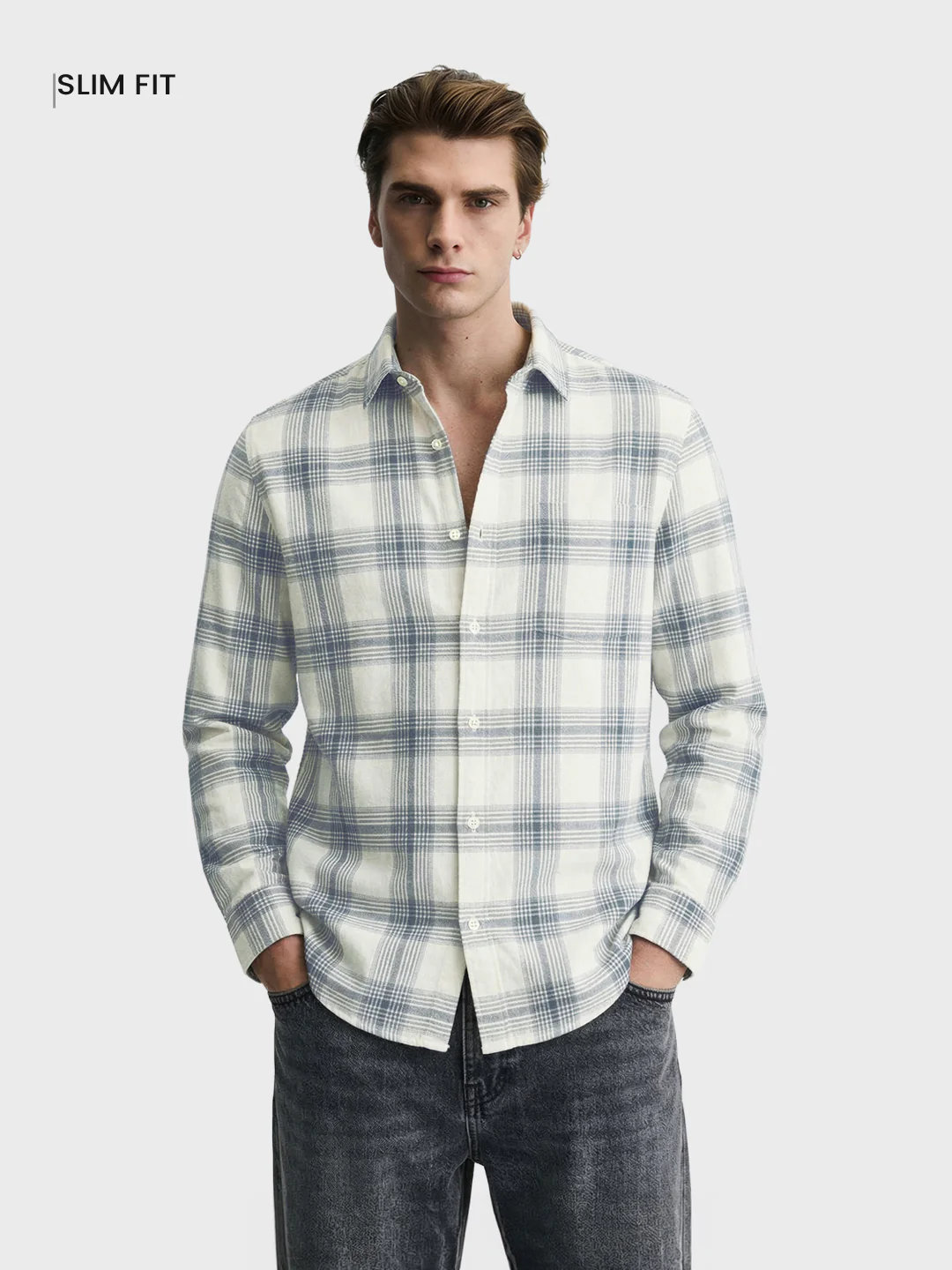 Men's Cream Slim Fit Checkered Casual Shirt - Image 2
