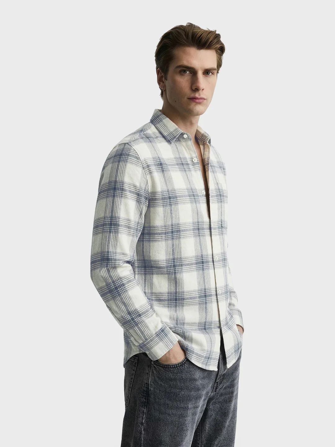 Men's Cream Slim Fit Checkered Casual Shirt - Image 4