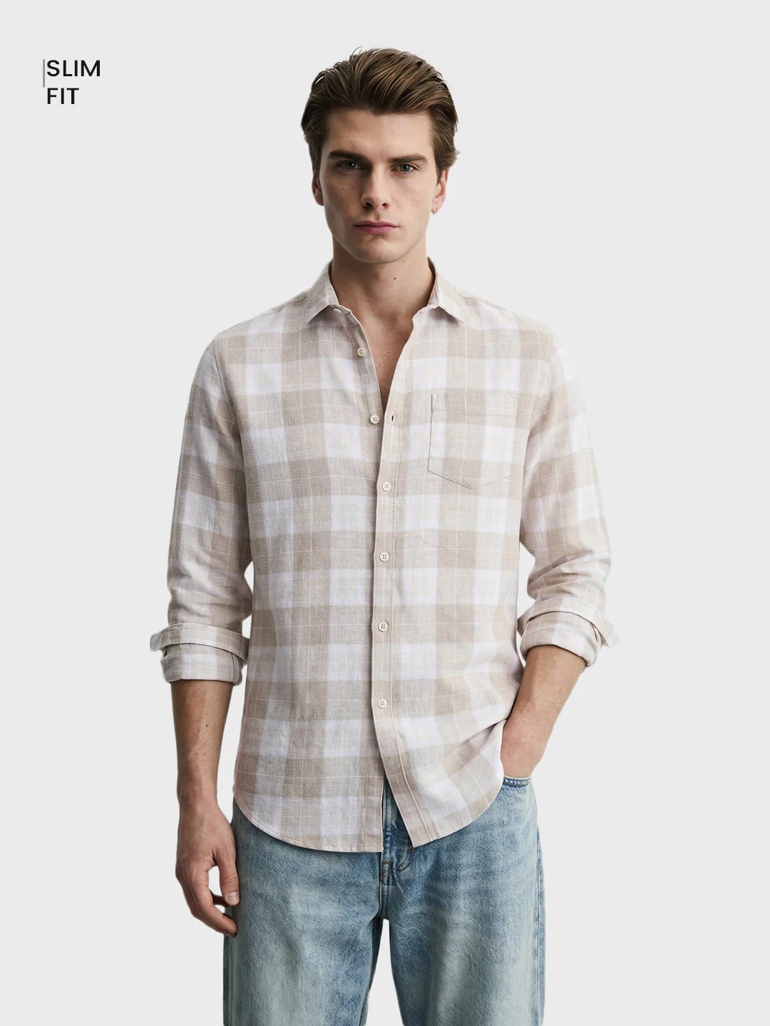 Men's Cream Slim Fit Checkered Casual Shirt - Image 2