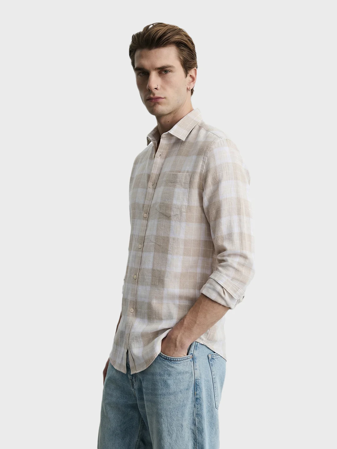 Men's Cream Slim Fit Checkered Casual Shirt - Image 4