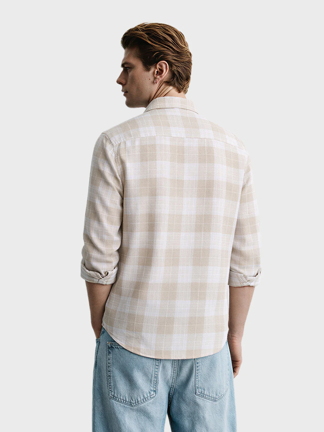Men's Cream Slim Fit Checkered Casual Shirt - Image 5