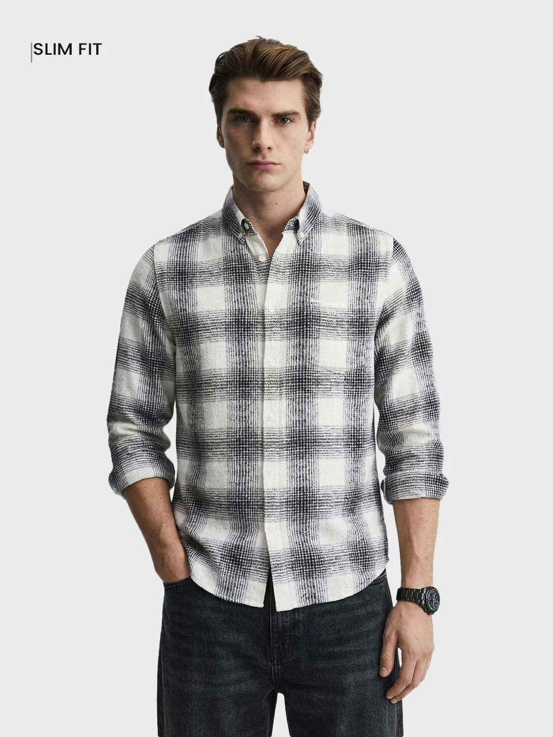 Men's Cream Slim Fit Checkered Casual Shirt - Image 2
