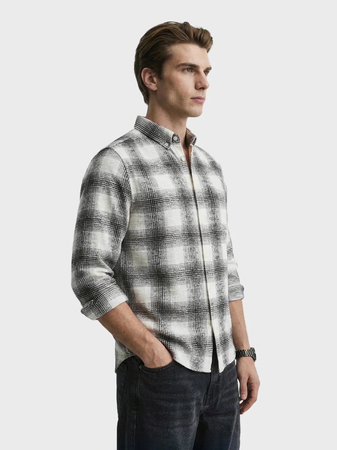Men's Cream Slim Fit Checkered Casual Shirt - Image 4
