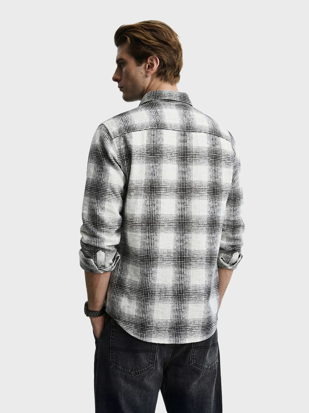 Men's Cream Slim Fit Checkered Casual Shirt - Image 5