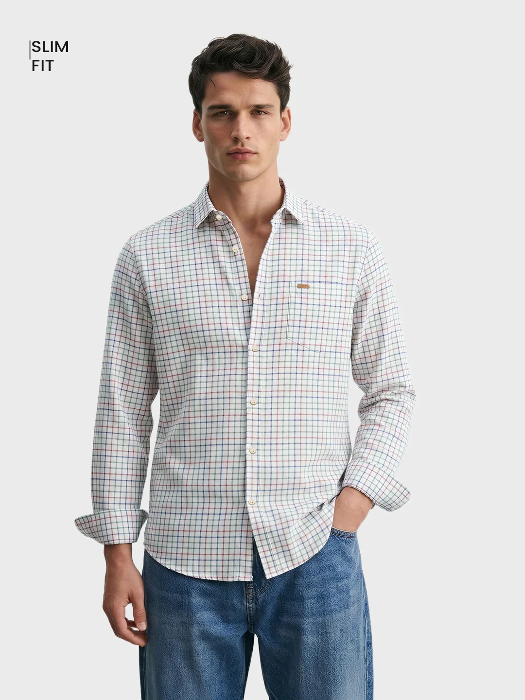 Men's Cream Slim Fit Checkered Casual Shirt - Image 2