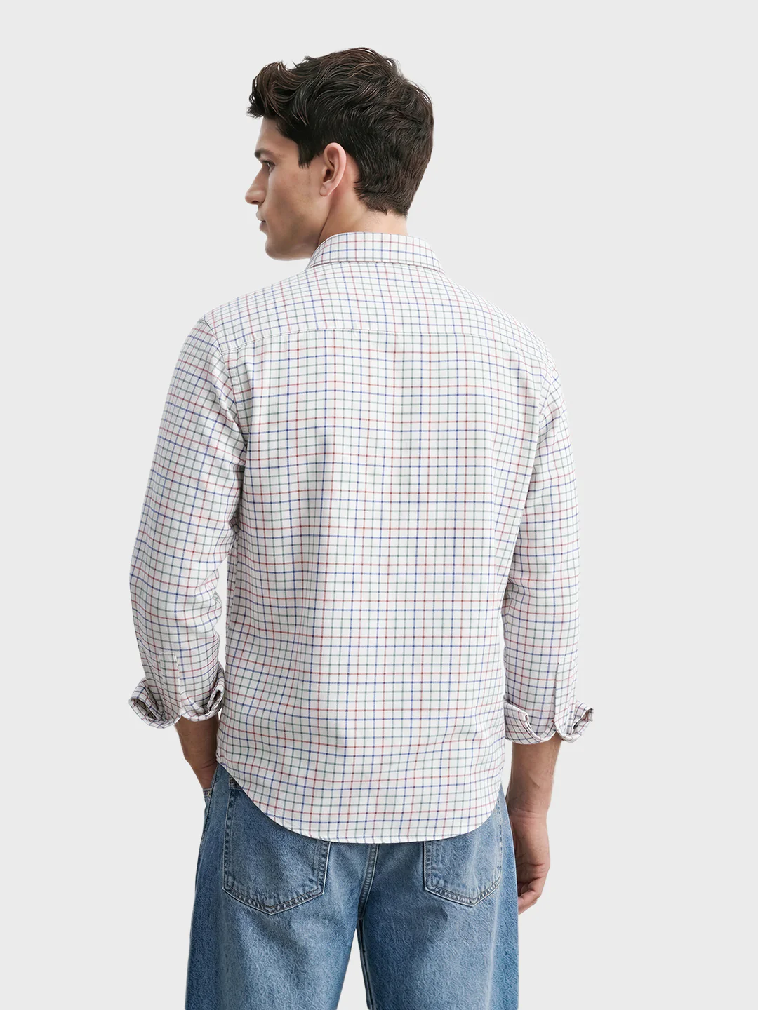 Men's Cream Slim Fit Checkered Casual Shirt - Image 4