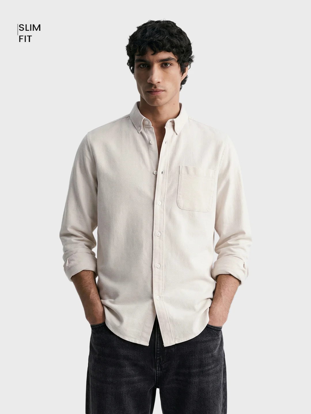 Men's Cream Slim Fit Solid Casual Shirt - Image 2