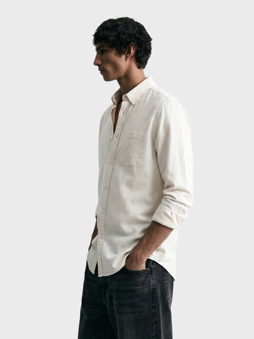 Men's Cream Slim Fit Solid Casual Shirt - Image 3