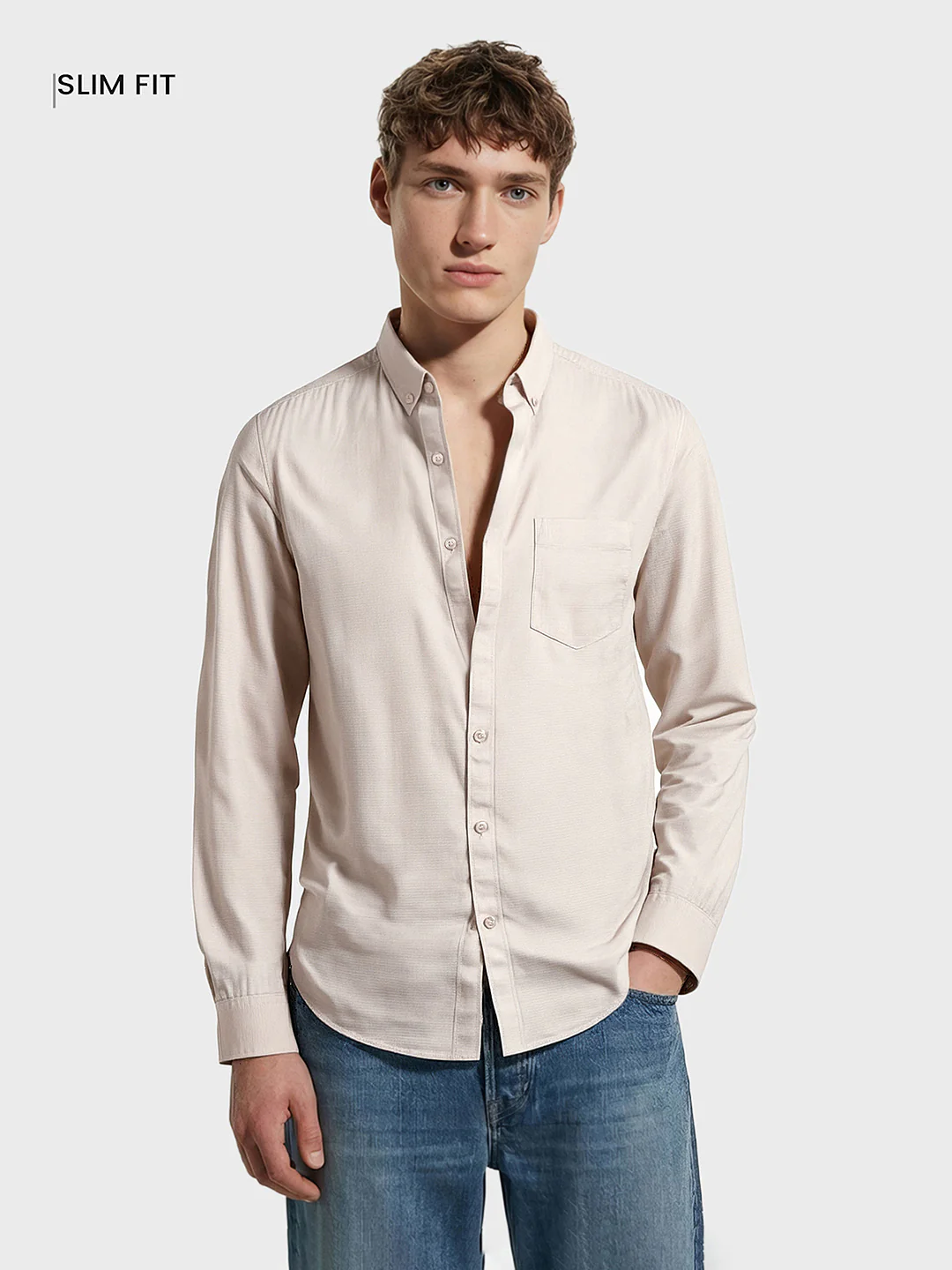 Men's Cream Slim Fit Solid Casual Shirt - Image 2