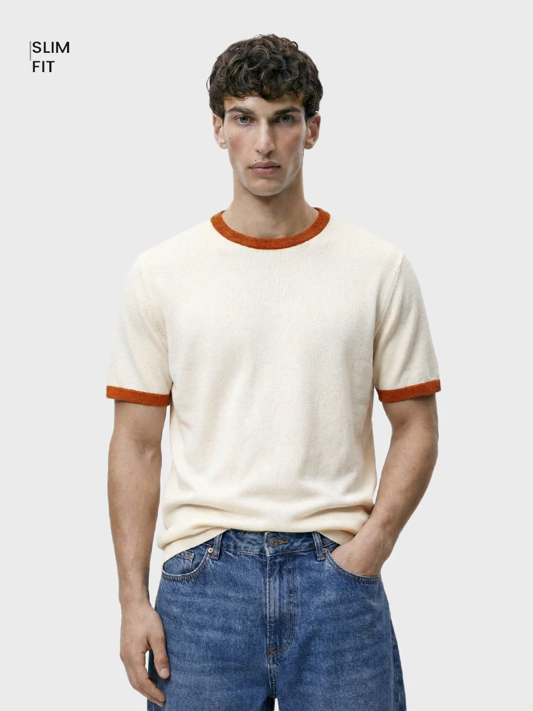 Men's Cream Slim Fit Solid Casual T-Shirt - Image 2