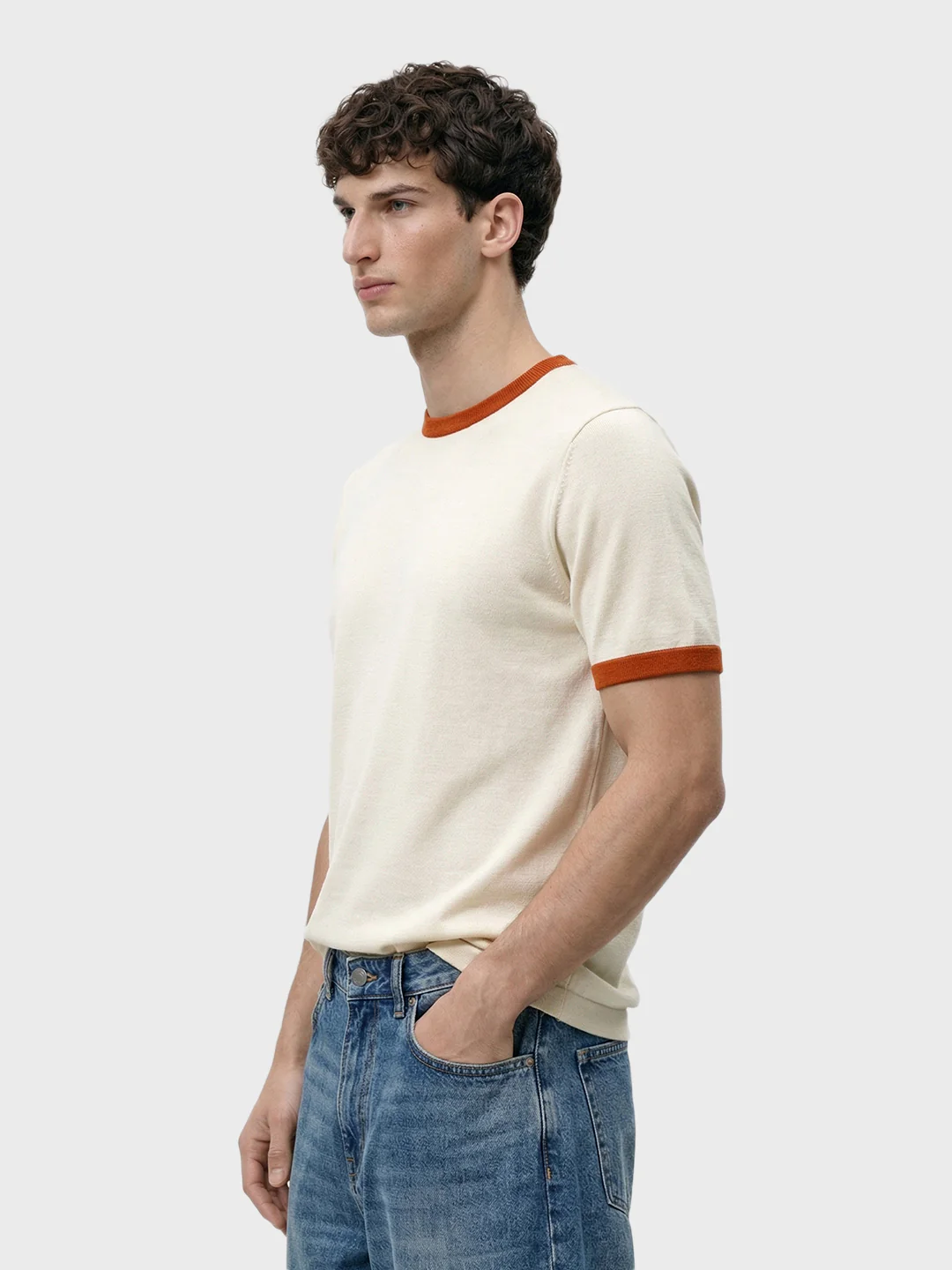 Men's Cream Slim Fit Solid Casual T-Shirt - Image 4